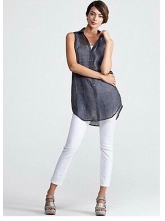 Eileen Fisher Tops - Eileen Fisher Gray Sleeveless Button-Front Linen Top Illusion Printed Ramie